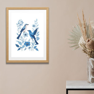 Blauw Witte Vogels en Bloemrijke Bloemen Aquarel Poster
