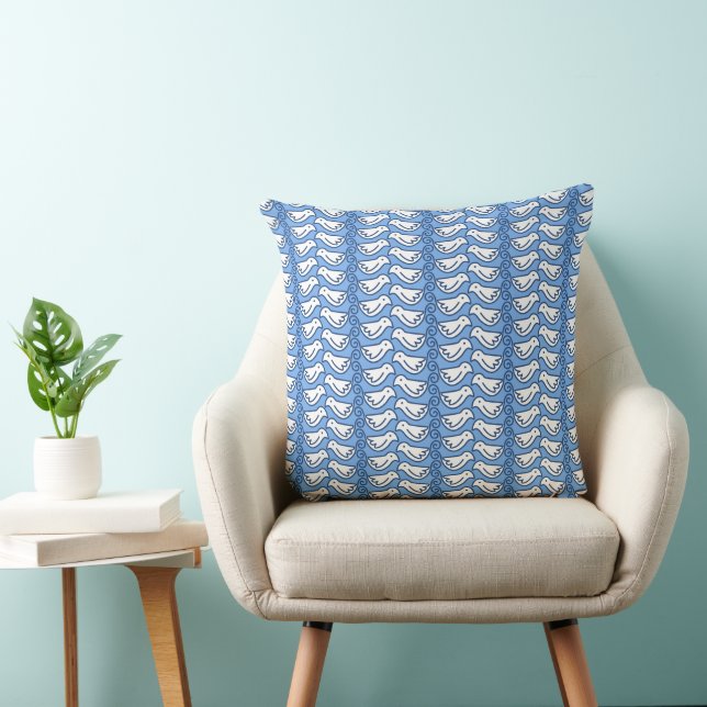 Blauw-witte vogels en strepen Sierkussen (Stoel)