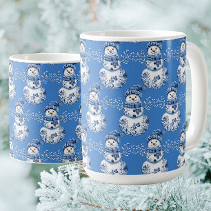 Blauw witte vrolijke sneeuwman koffiemok