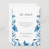 Blauw-witte waterverf bloemenbruiloft details informatiekaartje (Voorkant / Achterkant)