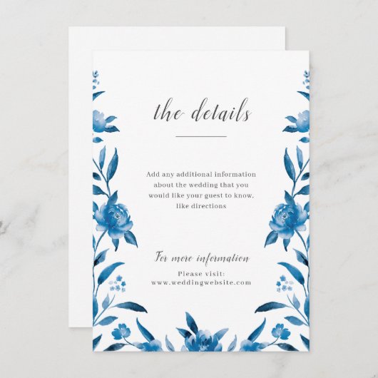 Blauw-witte waterverf bloemenbruiloft details informatiekaartje (Voorkant / Achterkant)