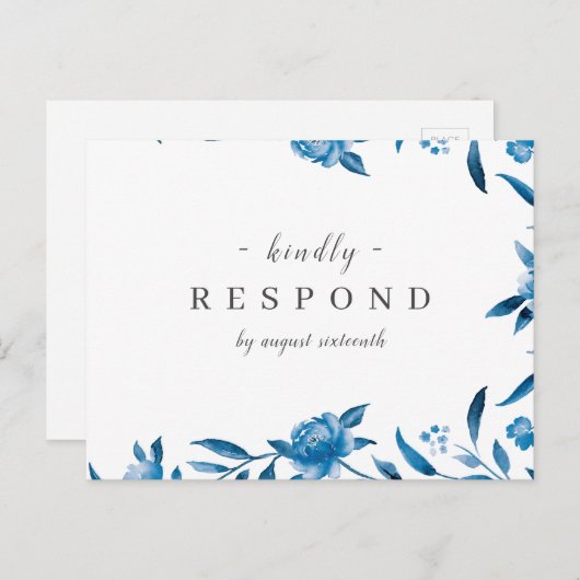 Blauw-witte waterverf bloemenbruiloft RSVP Uitnodiging Briefkaart (Voorkant / Achterkant)