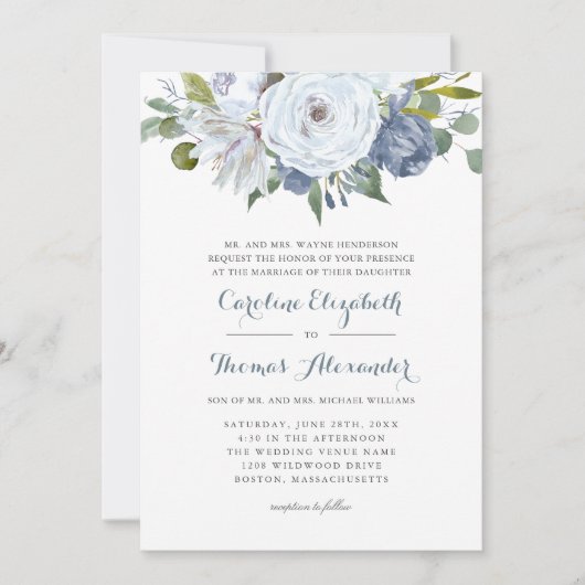 Blauw-witte Waterverf bloemenelegante bruiloft Kaart (Voorkant)