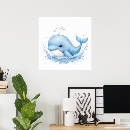 Blauw-witte Waterverf Walvis – Ocean Nursery Wall Poster (Thuiskantoor)