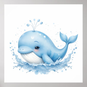 Blauw-witte Waterverf Walvis – Ocean Nursery Wall Poster