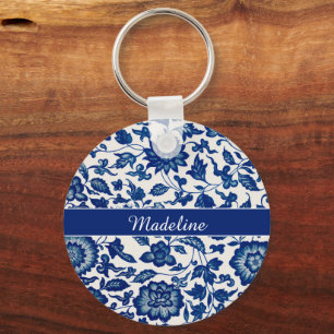 Blauw Witte Wilde Bloem Franse Landelijke Chinoise Sleutelhanger