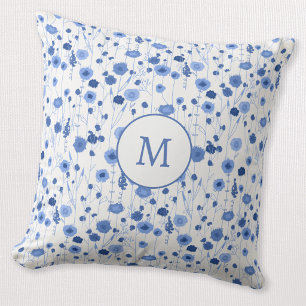 Blauw Witte Wilde Bloem Monogram Initiaal Bloemmot Kussen