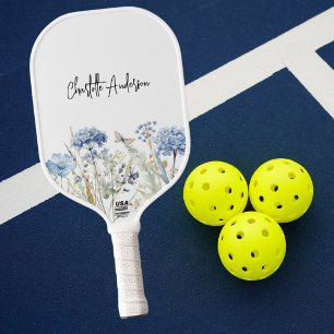 Blauw witte wilde bloemen naam script pickleball paddle