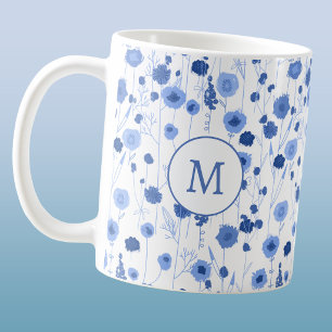 Blauw Witte Wilde Bloemenweide Botanisch Monogram Koffiemok