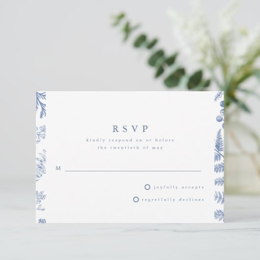Blauw Witte Wilgen Bloem Bruiloft RSVP Kaartje (Staand voorkant)