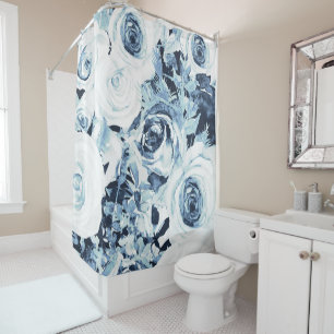 Blauw Witte Winter Bloemige Rozen Vintage Shabby C Douchegordijn