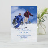 Blauw witte winter ski huwelijksfoto save the date (Staand voorkant)