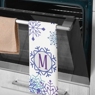 Blauw Witte Winter Sneeuwvlok Elegante Monogram Theedoek