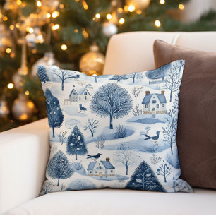 Blauw Witte Winterdorp Vintage  Kussen
