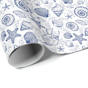 Blauw-witte zeeschelpen zeester inpakpapier