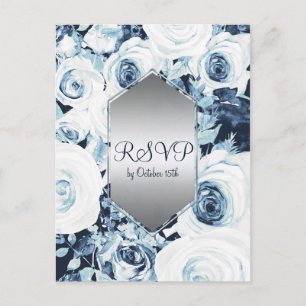 Blauw Witte Zilveren Winter Bruiloft Elegante RSVP Uitnodiging Briefkaart