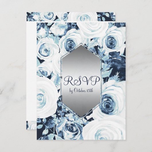 Blauw Witte Zilveren Winter Bruiloft Elegante RSVP Uitnodiging Briefkaart (Voorkant / Achterkant)