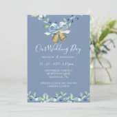blauw Wreatscript Elegant Custom Wedding Kaart (Staand voorkant)