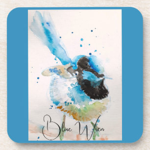 Blauw Wren Aquarel Schilderij Australische Vogels Bier Onderzetter