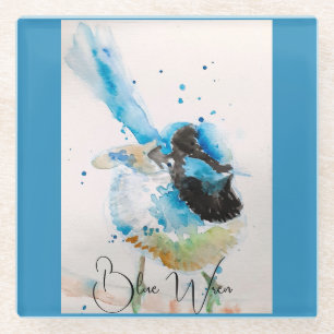 Blauw Wren Aquarel Schilderij Australische Vogels Glazen Onderzetter