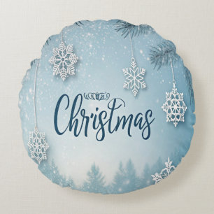 Blauw Zachte & Kalm Kerstsneeuw Kristal Design- Rond Kussen