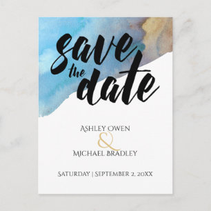 Blauw & Zand Artsy Strand Aquarel Save the Date Aankondigingskaart