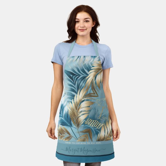 Blauw zand faux gouden palm verlaat aangepaste tek schort (Gedragen)