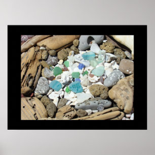 Blauw Zeeglas kunstprint Zeeschelpen Drijfhout Zee Poster