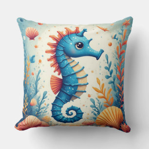 Blauw Zeepaardje Whimsische Oceaan Decoratie Voor  Kussen