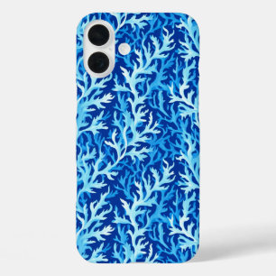 Blauw zeewier Kusttextiel Patroon iPhone 16 Plus Hoesje