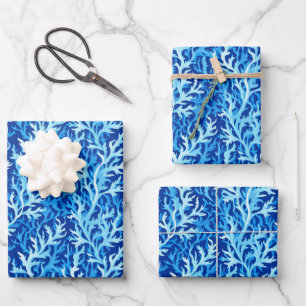 Blauw zeewier Kusttextiel Patroon Inpakpapier Vel