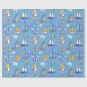 Blauw zeilboot inpakpapier (Vlak)