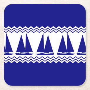 Blauw zeilboot kuststrepen vierkante kartonnen onderzetter