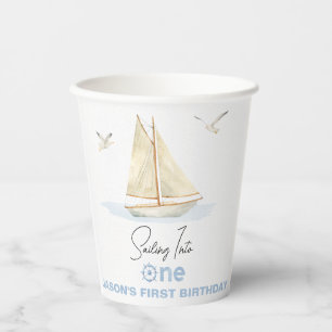 Blauw Zeilboot Zeilen In Een 1e Verjaardag Papieren Bekers