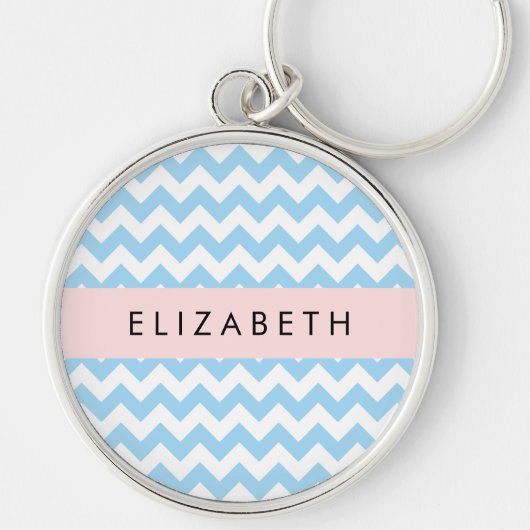 Blauw zigzag, Blauw Chevron, Golfpatroon, Jouw naa Sleutelhanger (Voorkant)