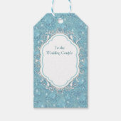 Blauw zijdeherhalingspatroon en witte sparren cadeaulabel (Voorkant)