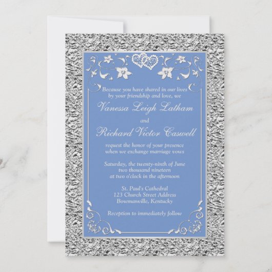 Blauw Zilver Bloemen Harten FAUX Folie bruiloft Ui Kaart (Achterkant)