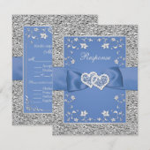 Blauw Zilver Bloemen Harten FAUX Folie Huwelijk RS RSVP Kaartje (Voorkant / Achterkant)
