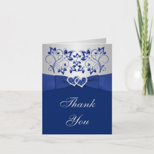 Blauw, Zilver Bloemen, Hartjes Trouw Trouw Dankkaa Bedankkaart