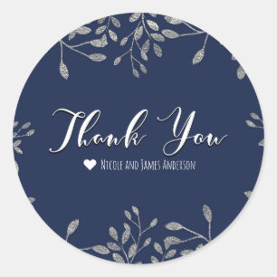 Blauw & Zilver Botanisch Modern Trouw Favor Ronde Sticker