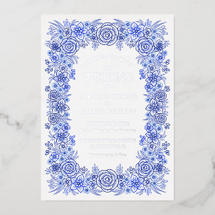 Blauw Zilver Chinoiserie Bloemen Franse bruiloft Folie Uitnodiging
