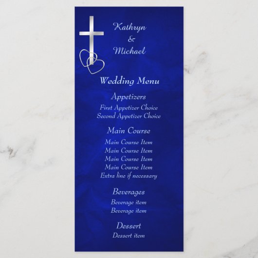 Blauw Zilver Christelijk Kruis Bruiloft Menu (Voorkant)