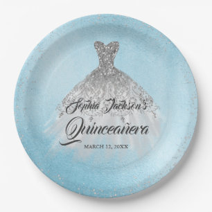 Blauw Zilver Diamant Sparkle Gown Quinceanera Papieren Bordje