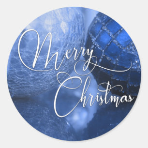 Blauw, zilver en wit kerstgroet ronde sticker