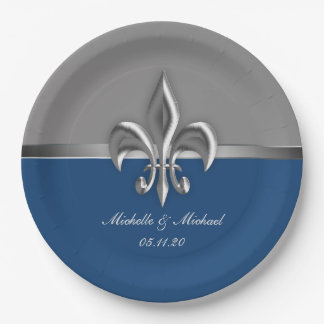 Blauw Zilver Fleur de Lis Papieren Bordje