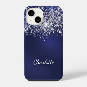 Blauw zilver glinsterende naam schrift iPhone 14 hoesje