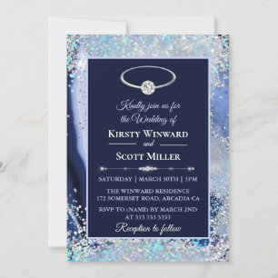Blauw Zilver Glitter Agate Bruiloft Kaart