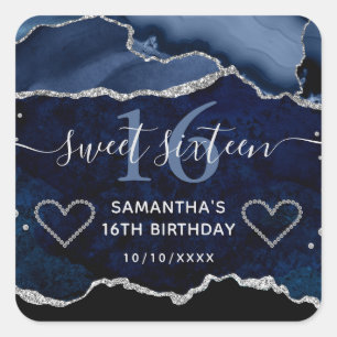 Blauw & Zilver Glitter Agate Marmer Sweet 16 Vierkante Sticker
