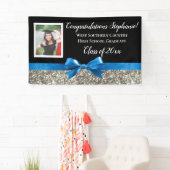 Blauw Zilver Glitter Foto Afstuderen Banner Sign (Insitu)