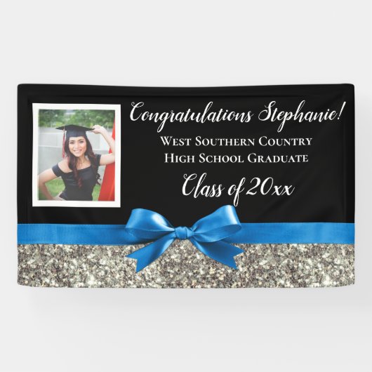 Blauw Zilver Glitter Foto Afstuderen Banner Sign (Horizontaal)